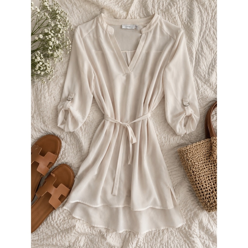 Lush Cream Roll Tab Sleeve Tie Waist Tunic Mini Dress Medium NWT